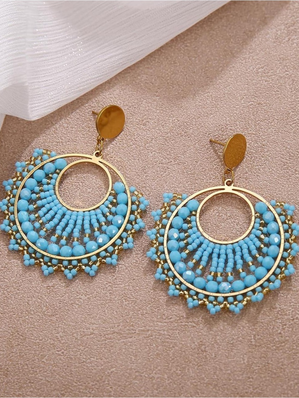 Anthropologie Gold and Turquoise Beaded Hoop Drop Earrings - Picture 1 of 3